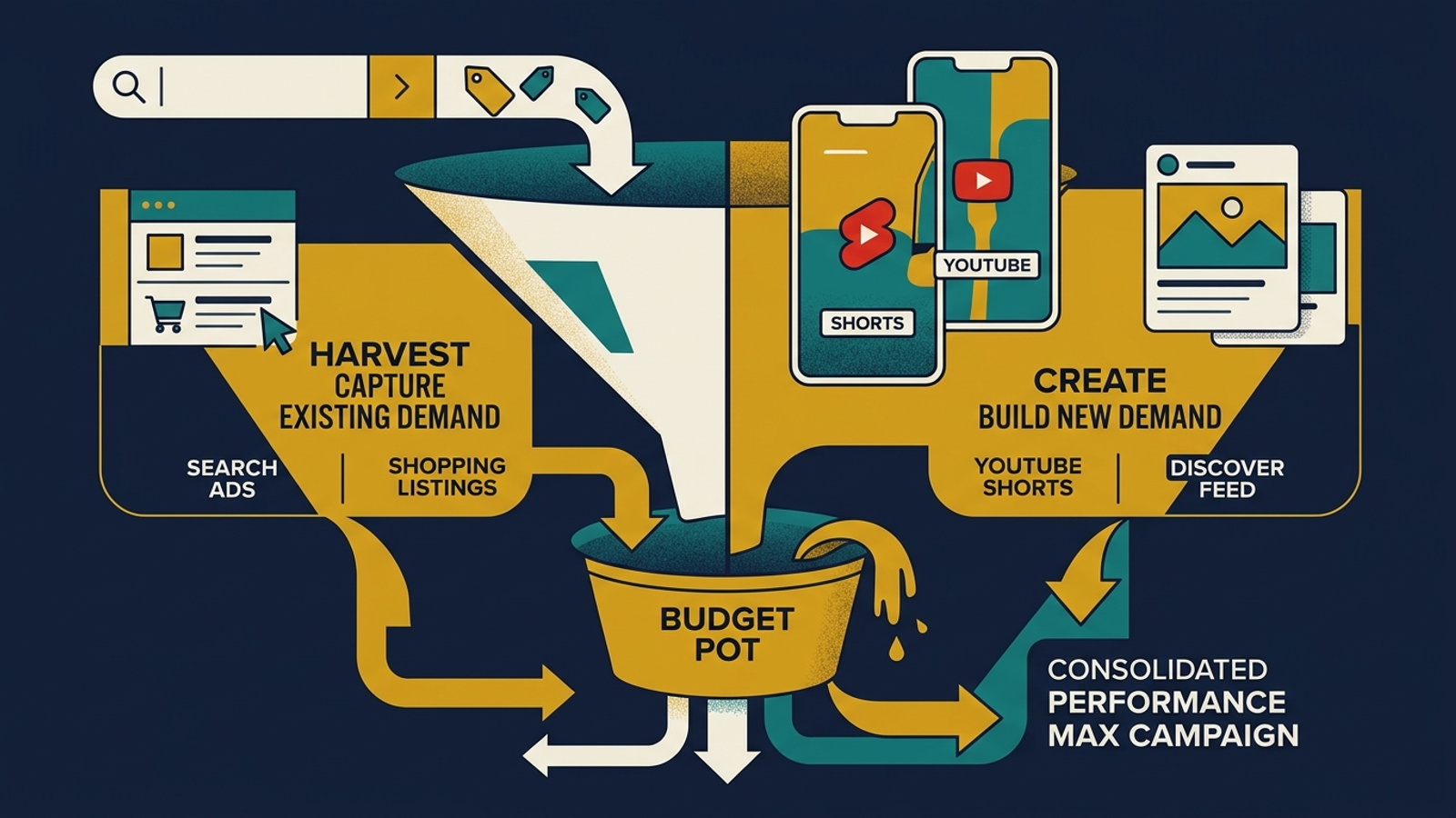 Split-funnel diagram showing Performance Max harvesting search demand while Demand Gen builds interest in video feeds