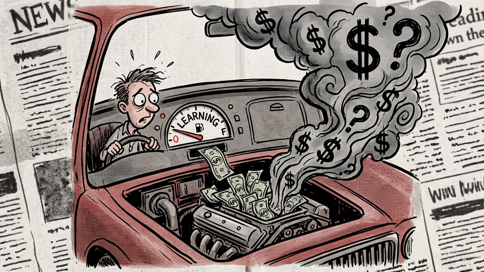 Cartoon of a campaign gauge stuck on Learning as cash burns