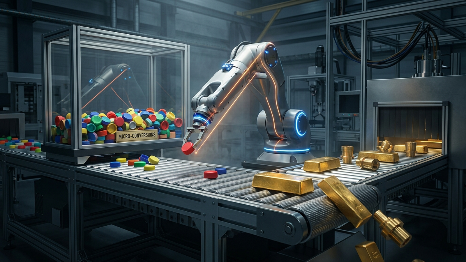 An industrial robotic arm collecting plastic bottle caps while gold ingots pass by.